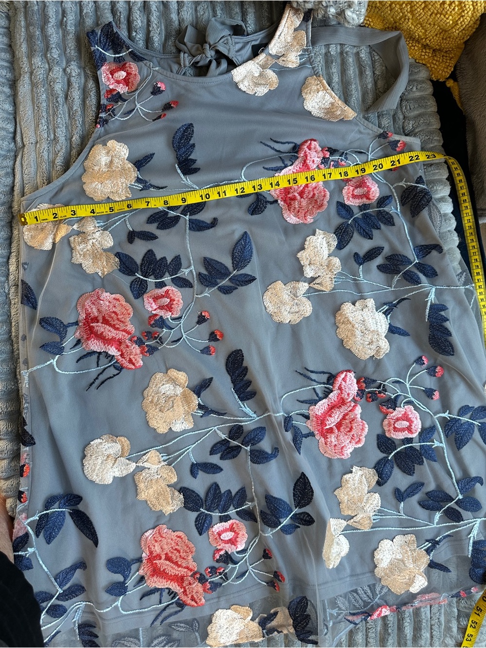 ECI Gray Sleeveless A line Midi Dress with Coral & Cream Floral Embroidery - Picture 5 of 6